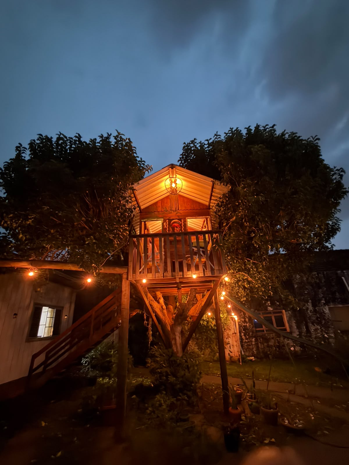 Casa da Árvore do Instituto Casa Keâ iluminada ao entardecer, com luzes quentes e vegetação ao redor