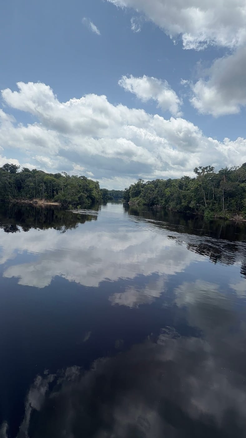 Margens de floresta e nuvens espelhadas na água do rio